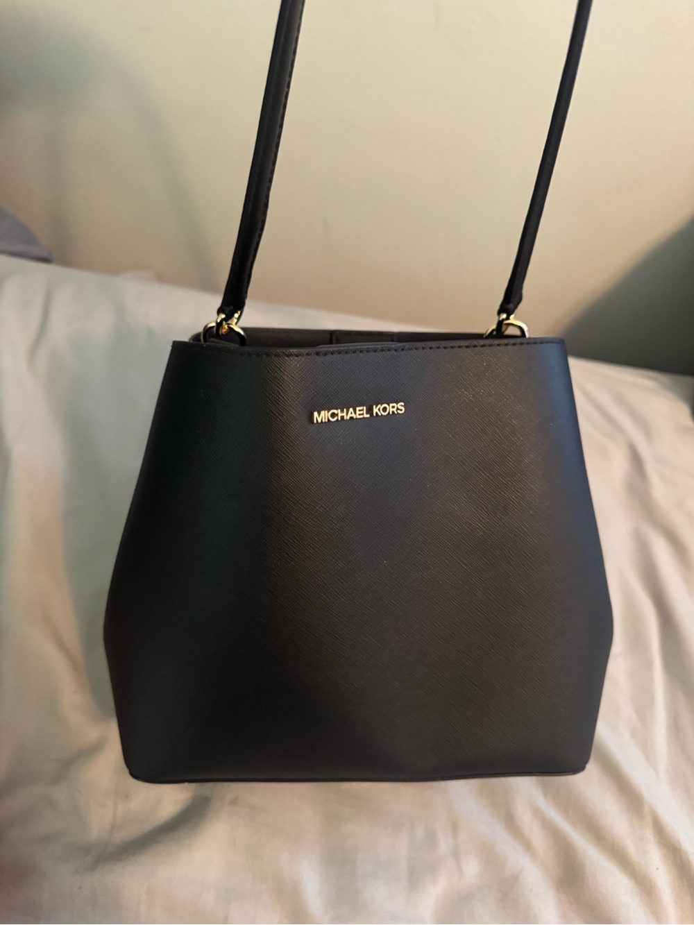 Michael Kors Black Leather Bucket Shoulder Bag with Gold Logo
